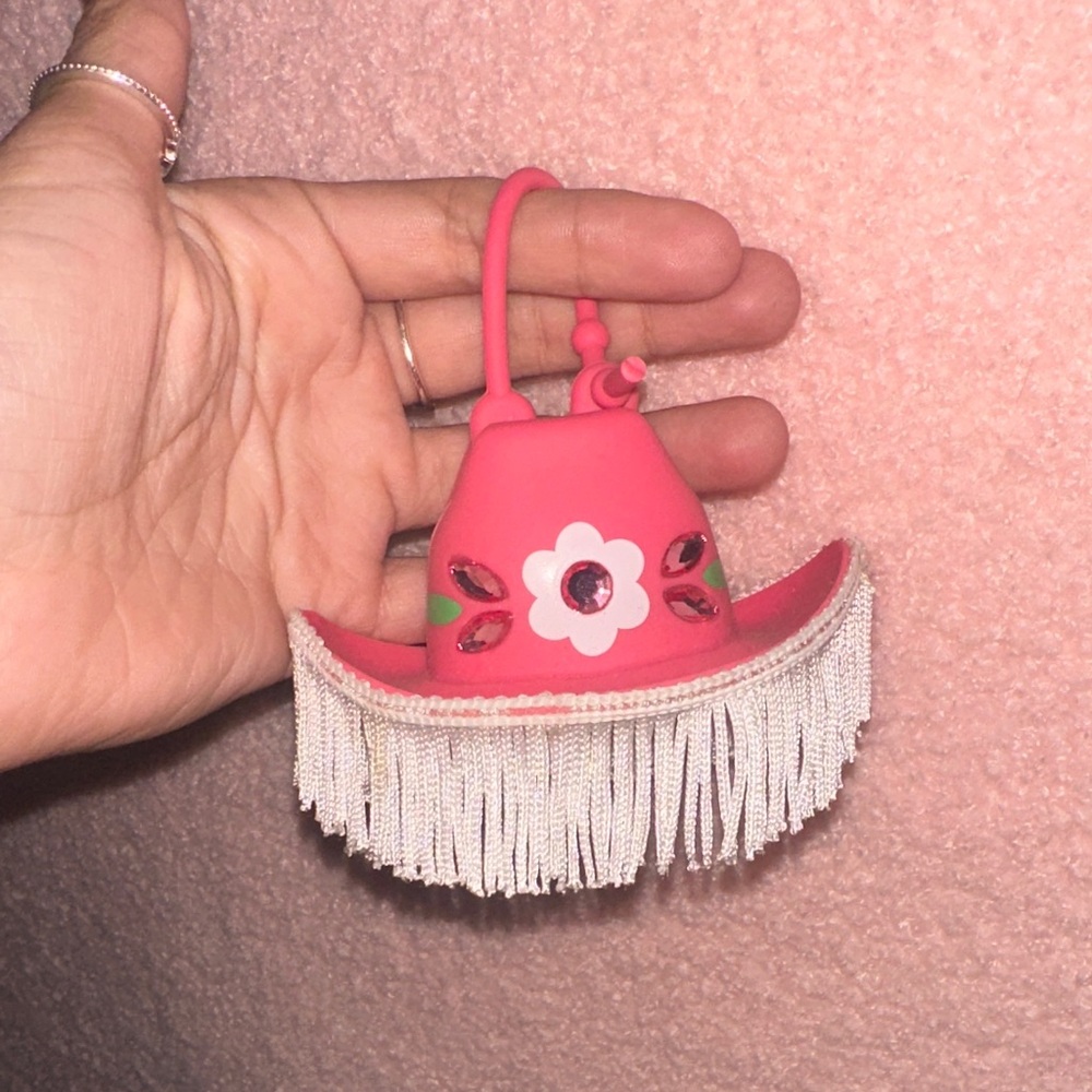 Bath & Body Works Hot Pink Cowgirl Hat Charm with White Fringe hand sanitizer